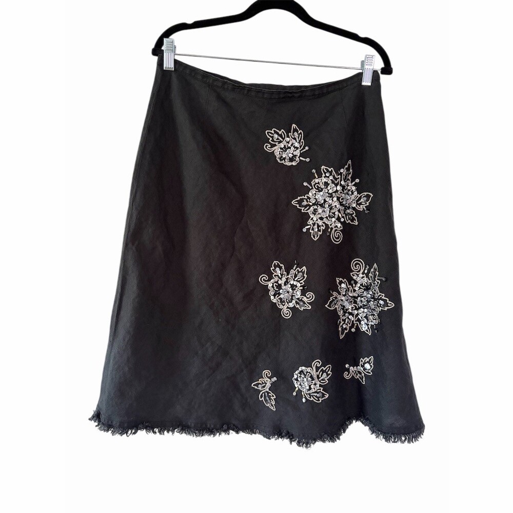 MOGA Skirt Womens Size M Black A-Line Midi Floral Sequin Beaded